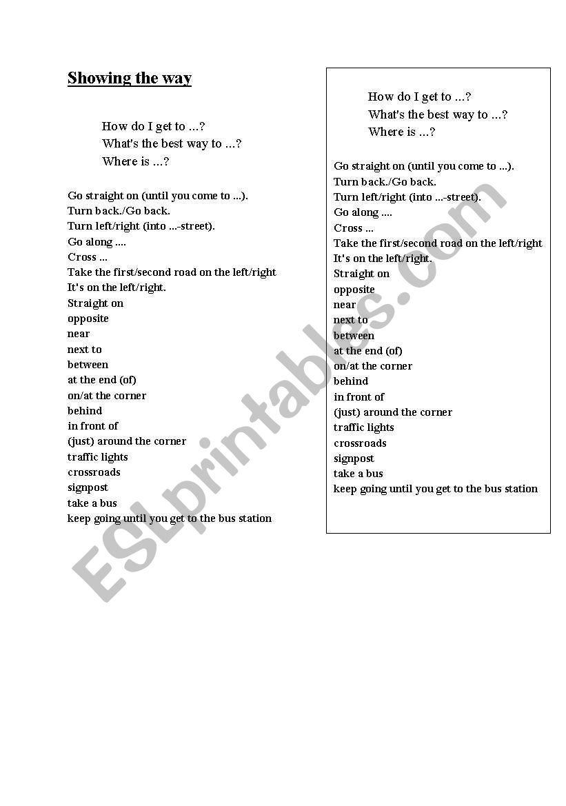 showing the way-vocabulary worksheet