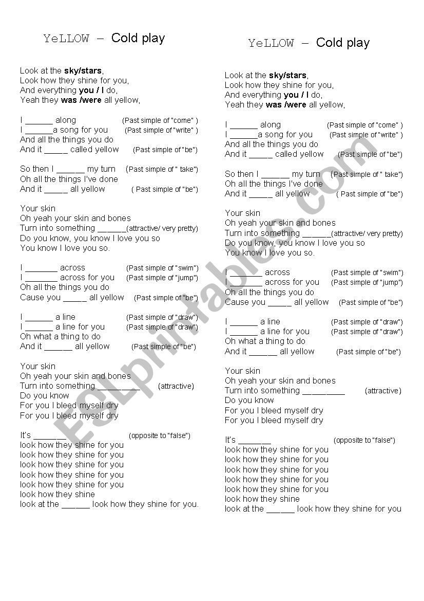 Yellow by Coldplay worksheet