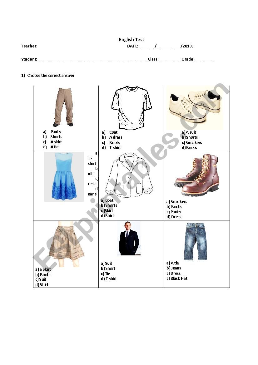 Clothes test worksheet