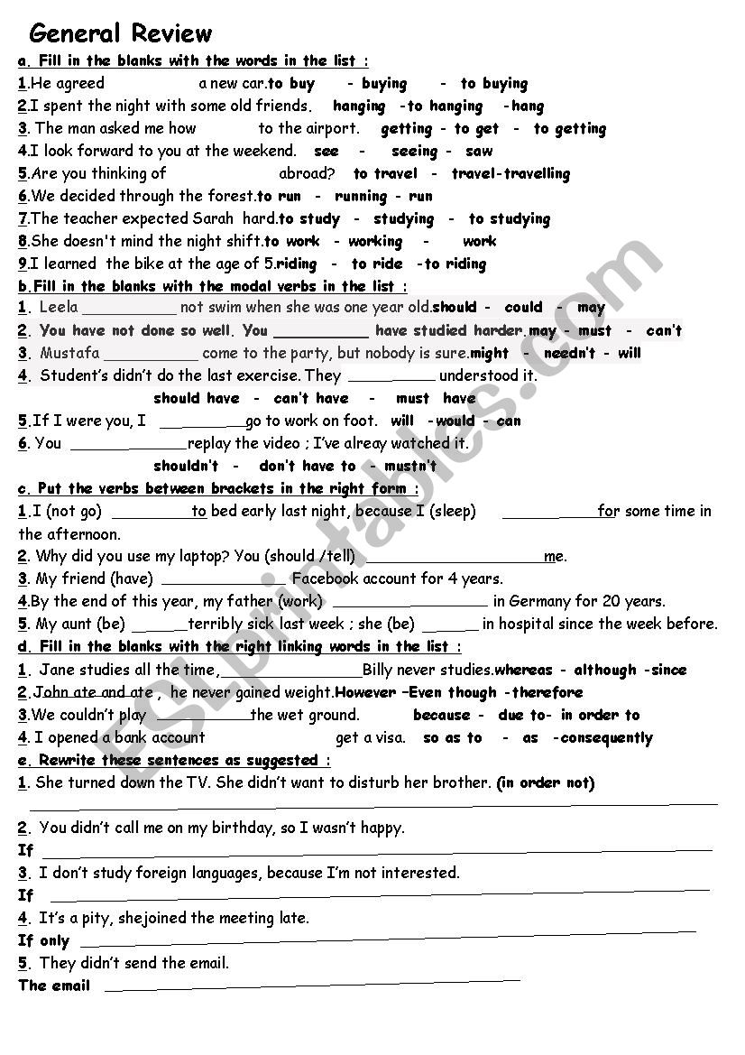 General Review  worksheet