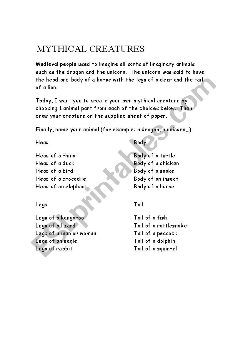 Mythical Creaure worksheet