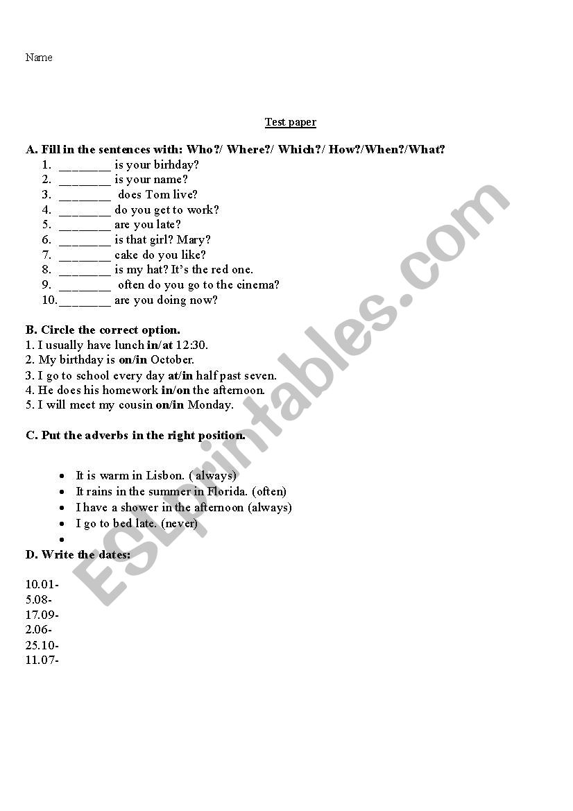 4the grade test worksheet