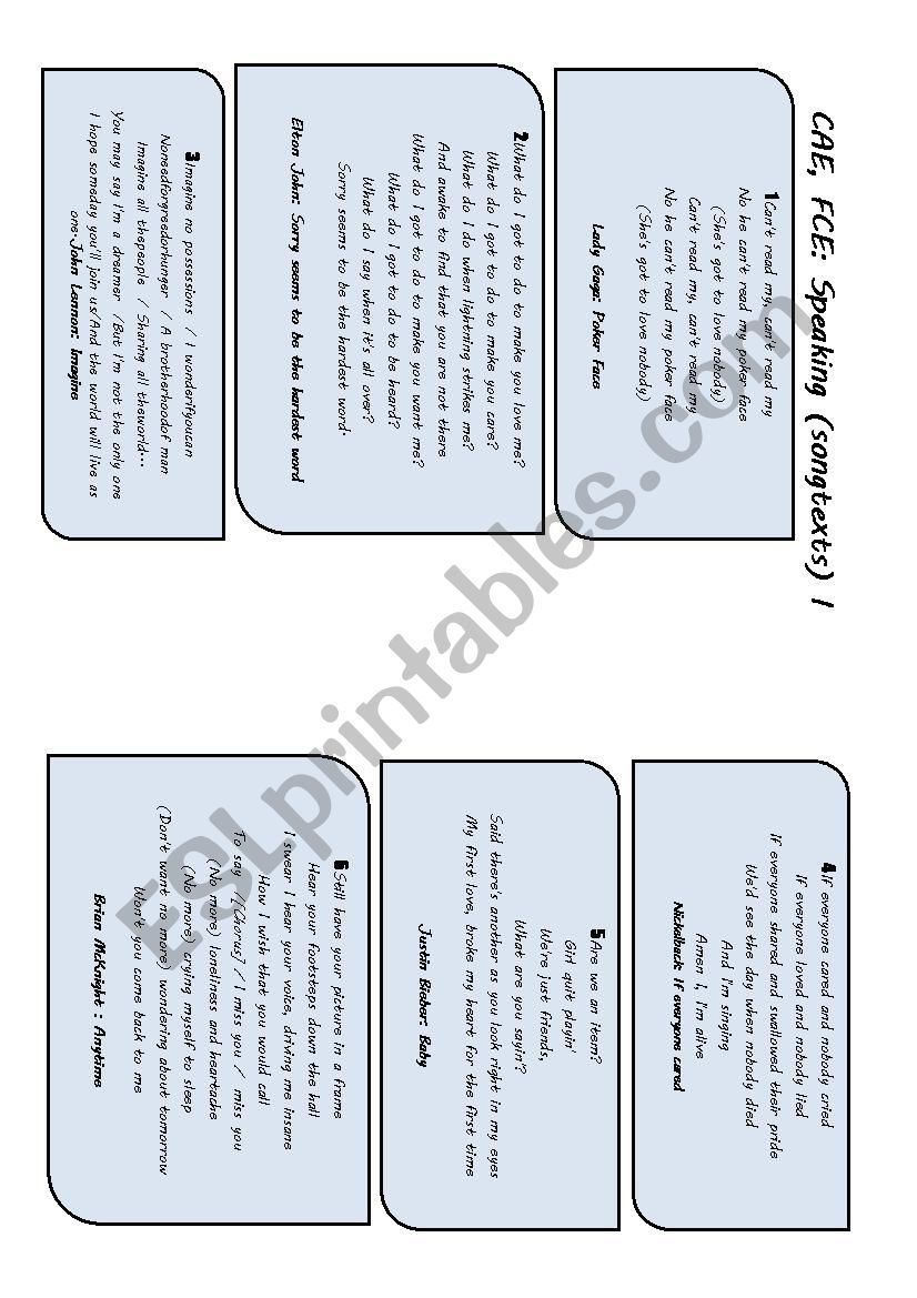 CAE and FCE SPEAKING Preparation (songtext based) I  (Prompts or cheats included)