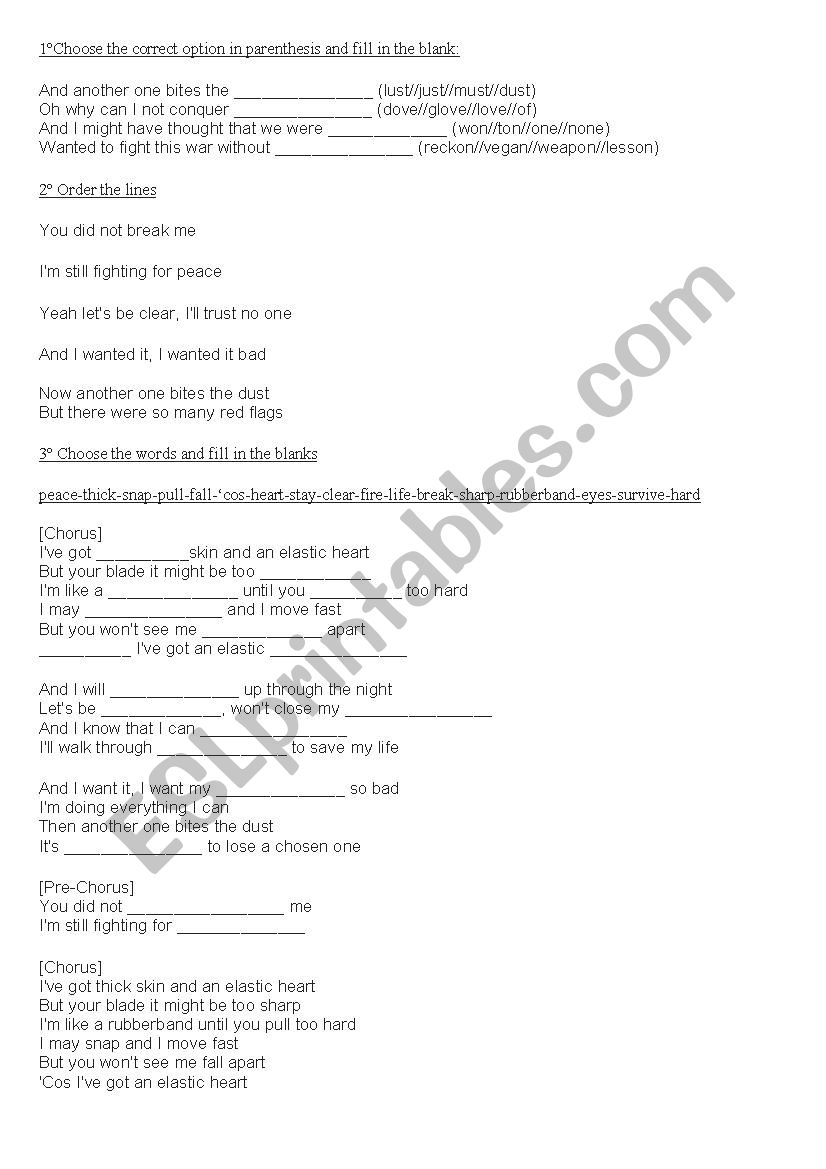 sia - elastic heart worksheet worksheet