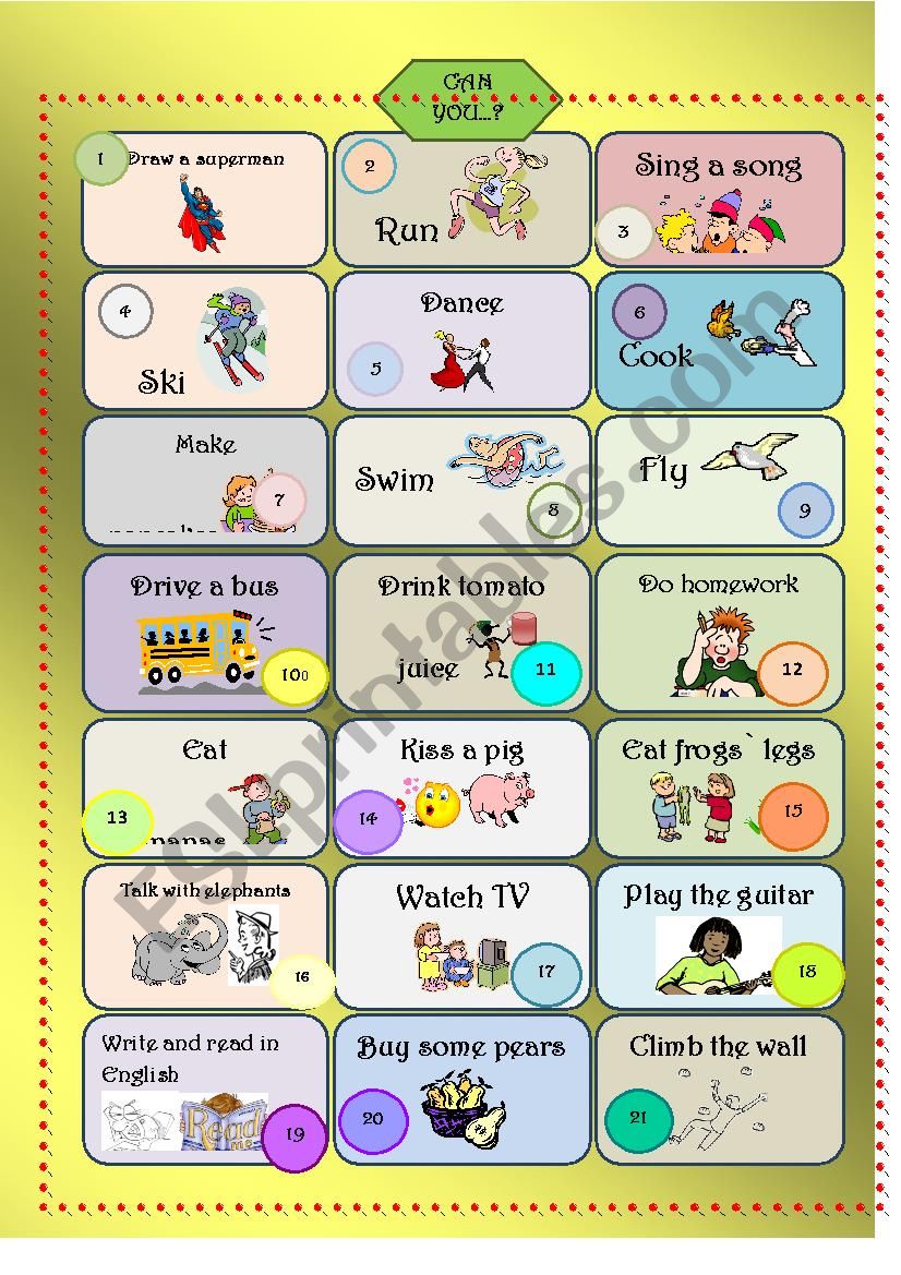 Action verbs boardgame worksheet