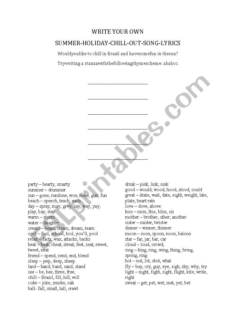 Write your own summer song worksheet