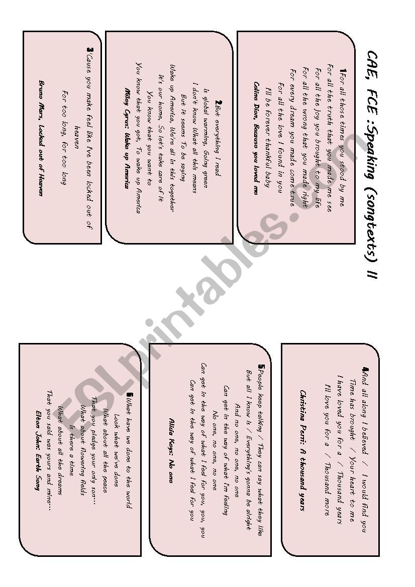 CAE and FCE SPEAKING Preparation (songtext based) II (Prompts or cheats included)