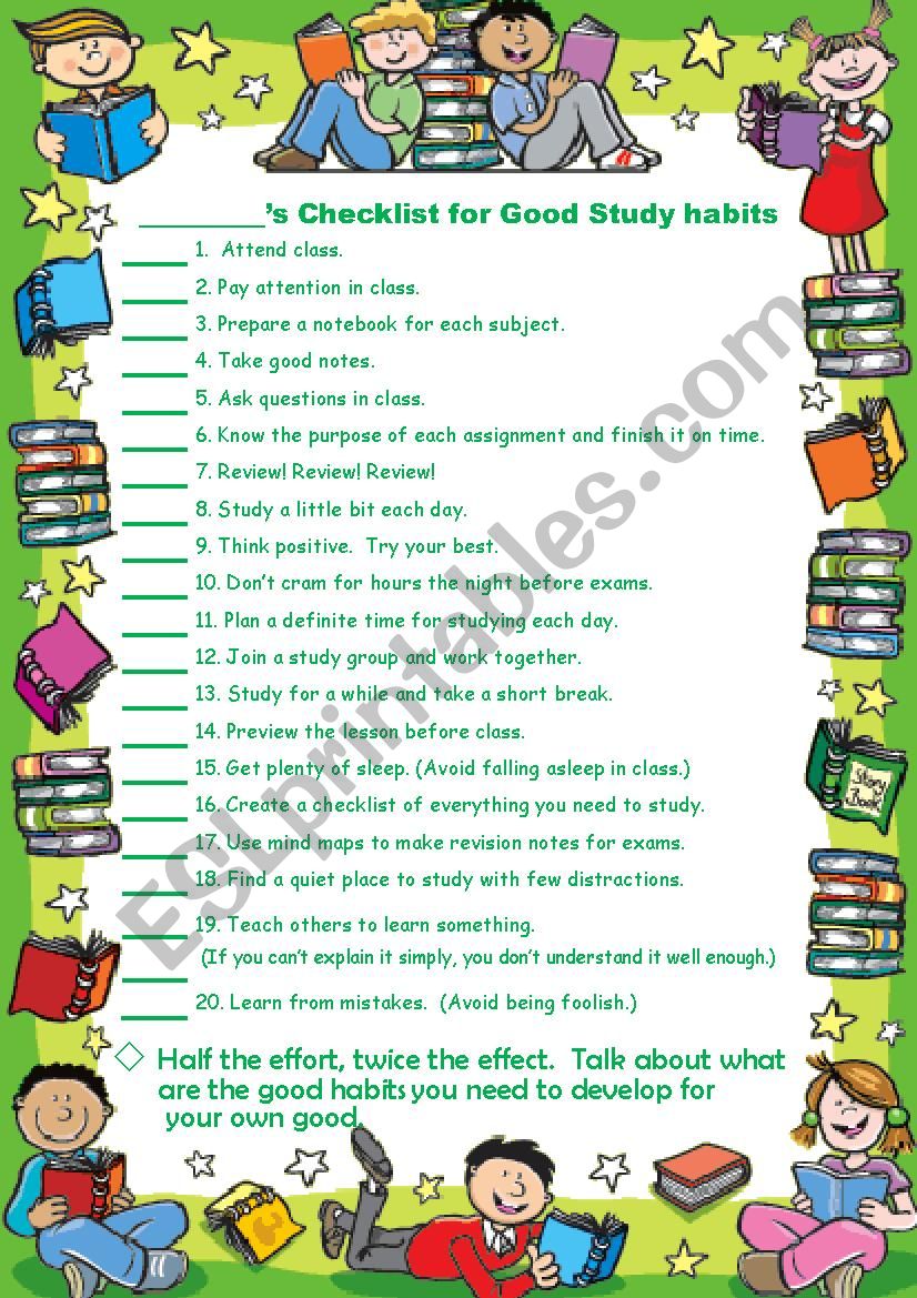 Good study habits checklist worksheet