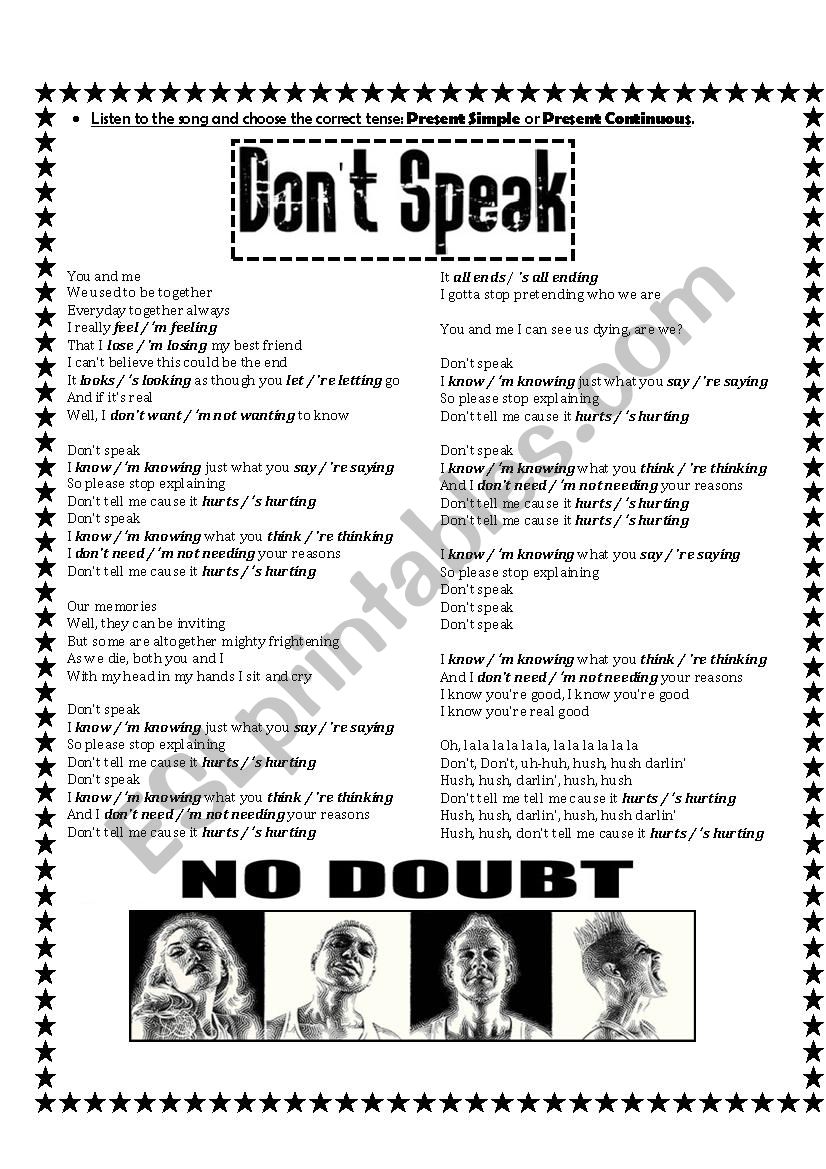 Present Simple & Present Continuous - Song: Dont Speak by No Doubt