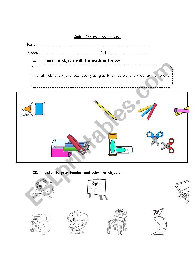 quiz classroom objects worksheet