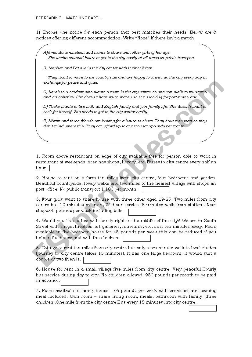 Preliminary English Test  Matching  Reading 