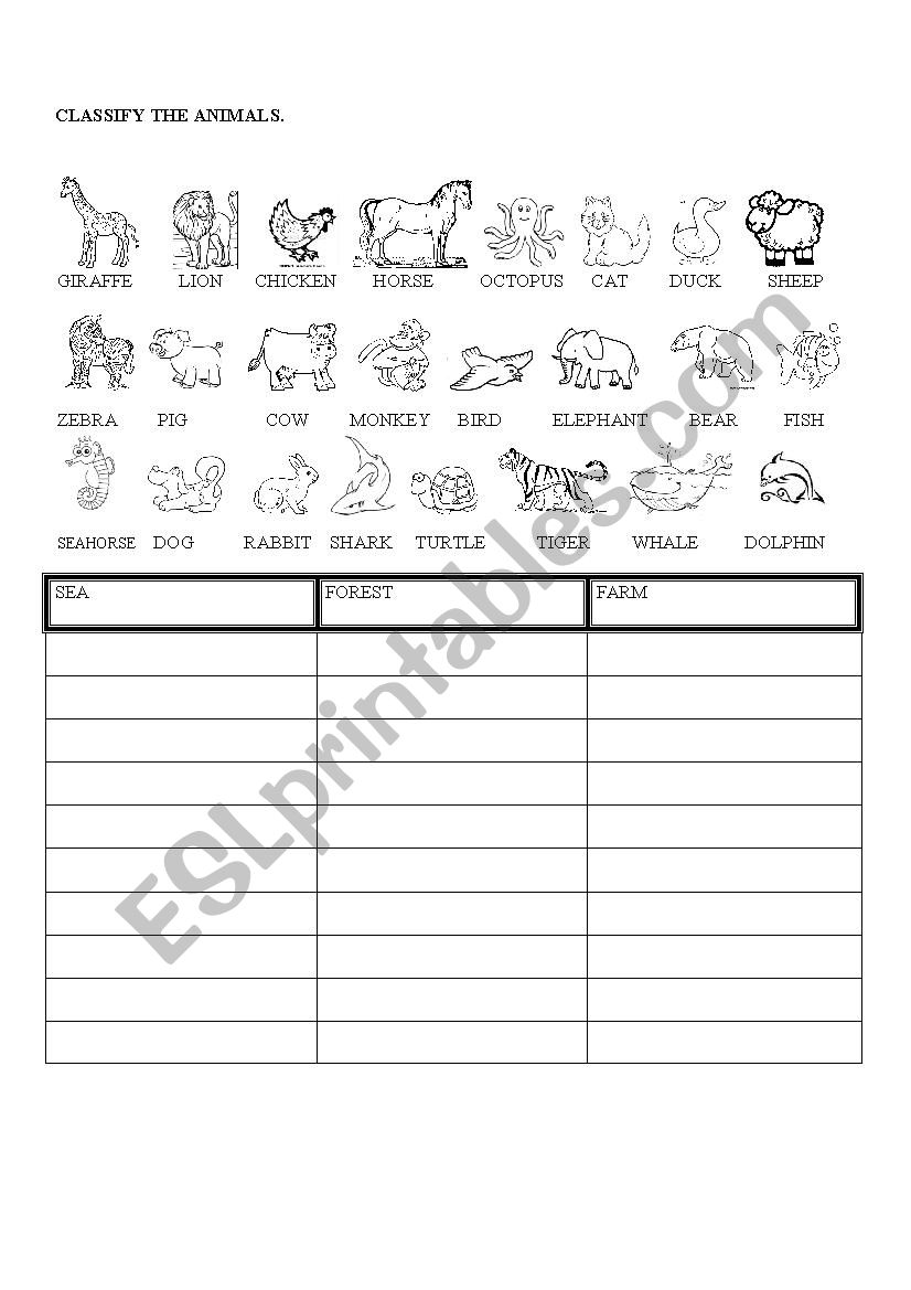 CLASSIFY THE ANIMALS worksheet