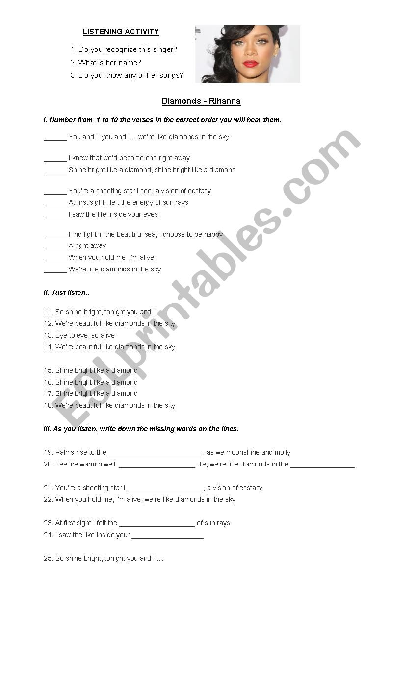 Listening activity Rihanna worksheet