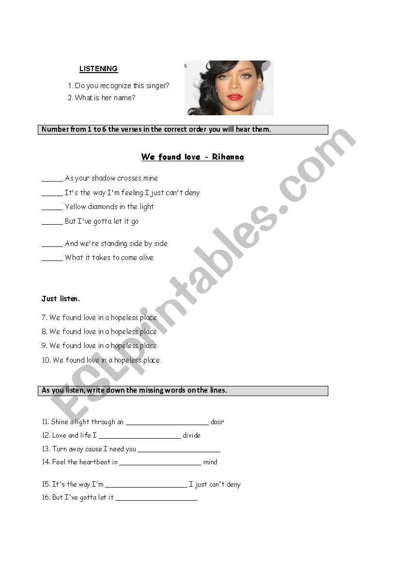 Listening activity Rihanna worksheet