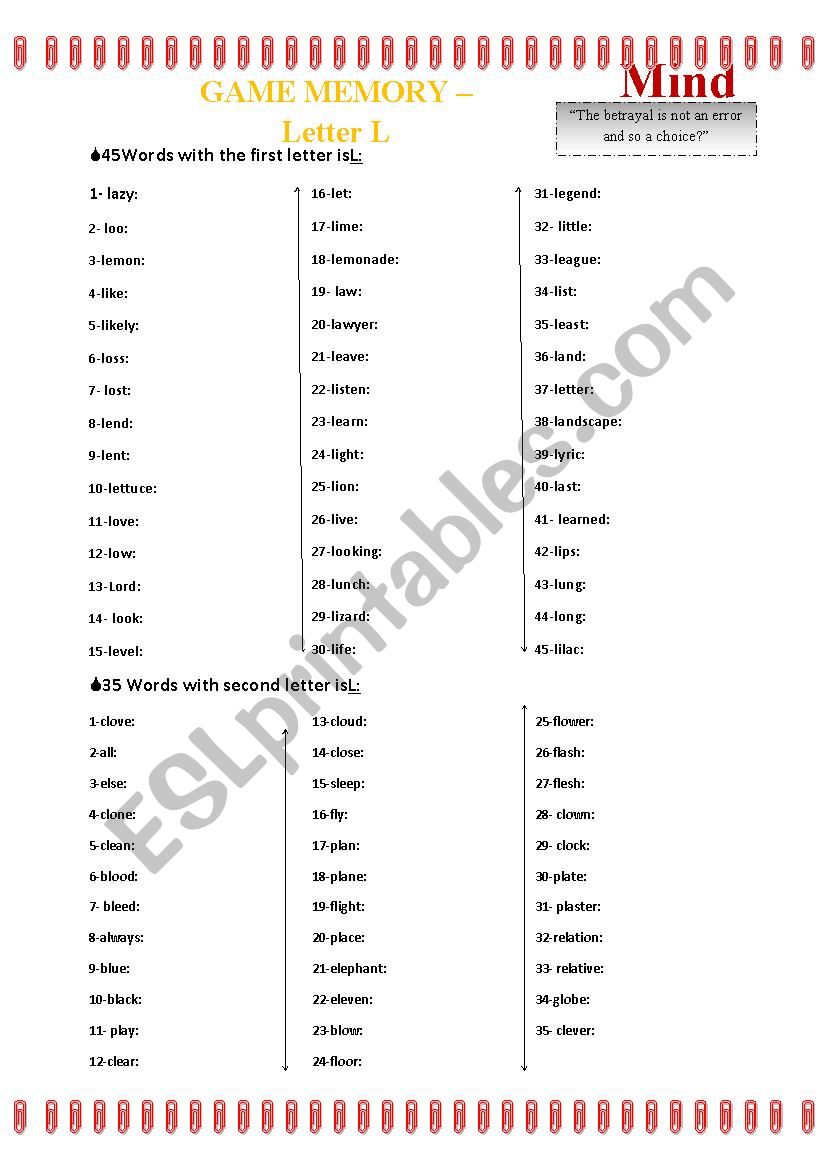 Game Words - Letter L worksheet