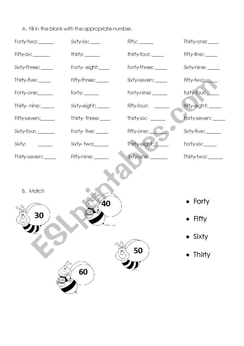 Numbers 30 to 60 worksheet