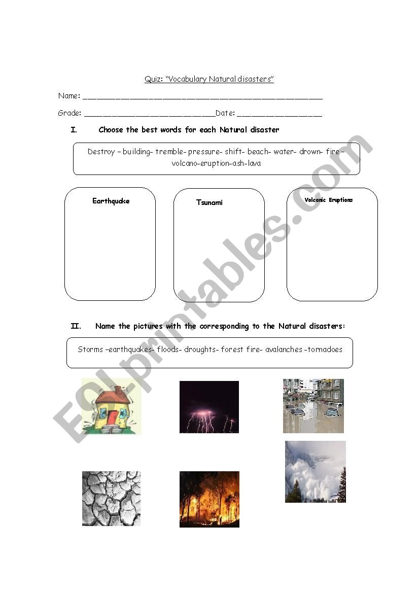 Natural disasters worksheet