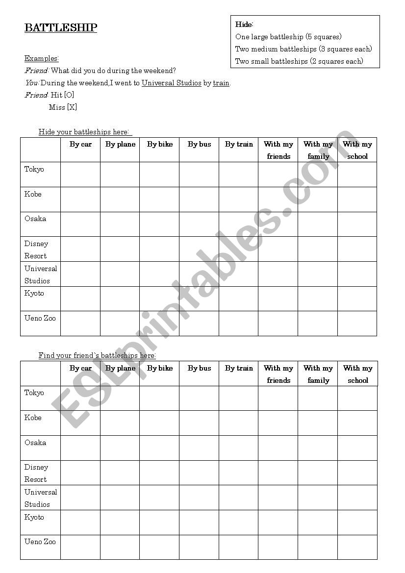 ESL Battleship Game - 2nd Grade New Crown