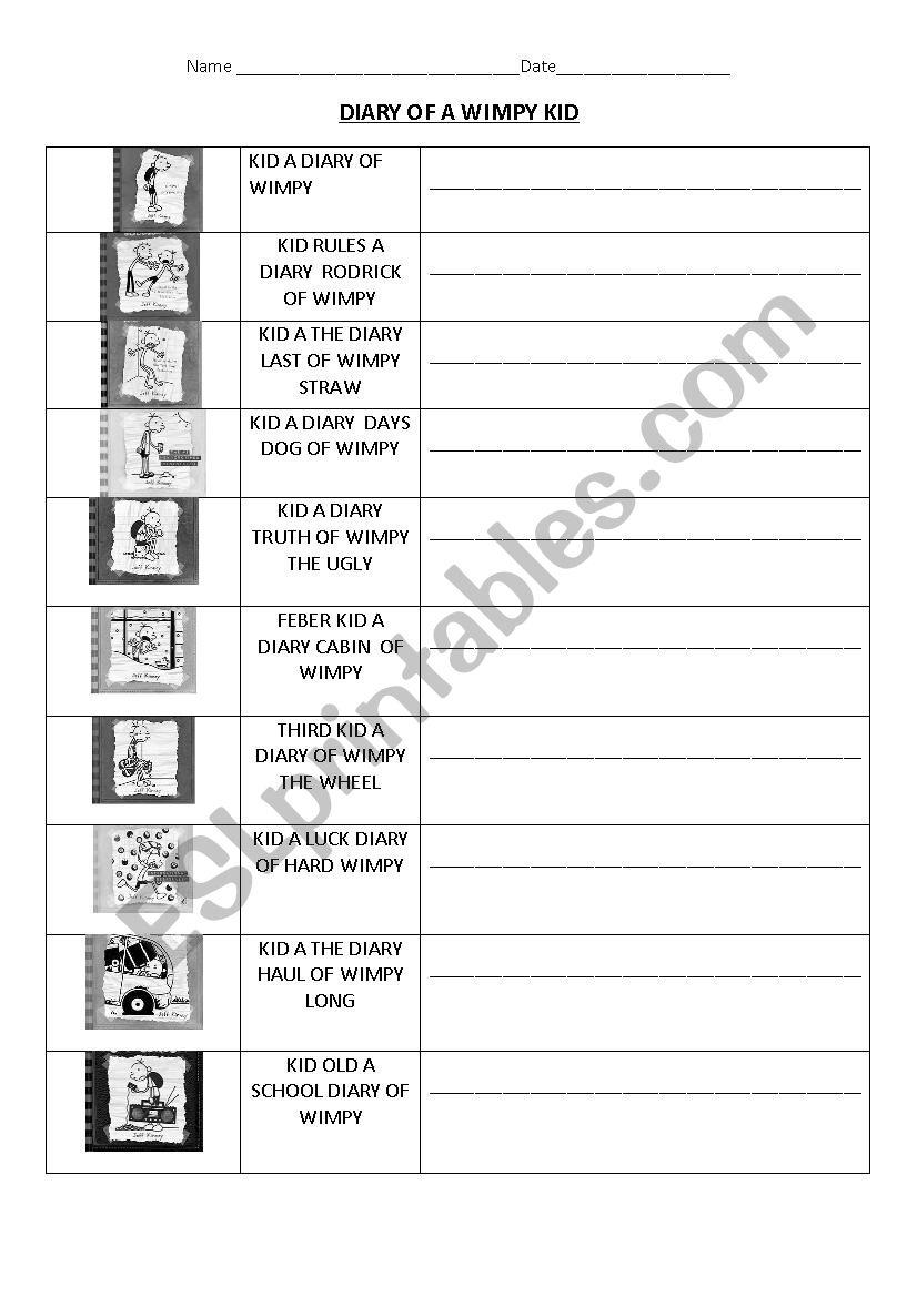 diary of the wimpy kid  worksheet