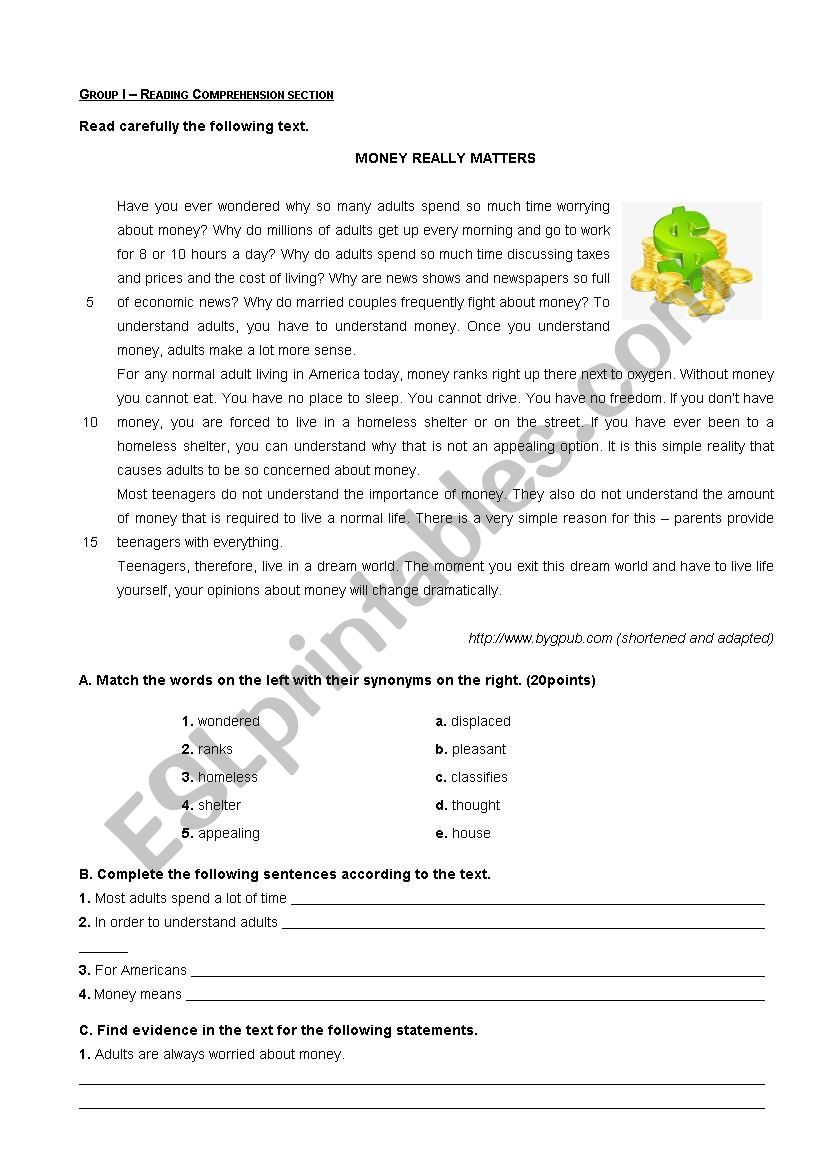 Test - Money really matters worksheet