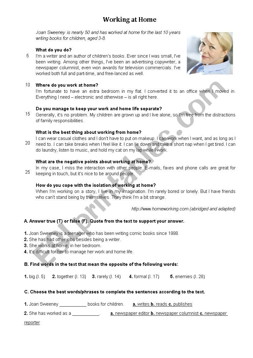 Working at home - test worksheet