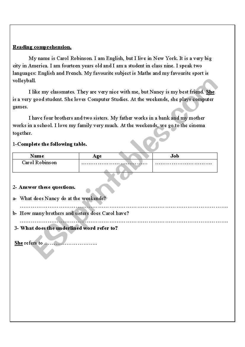 reading comprehension worksheet