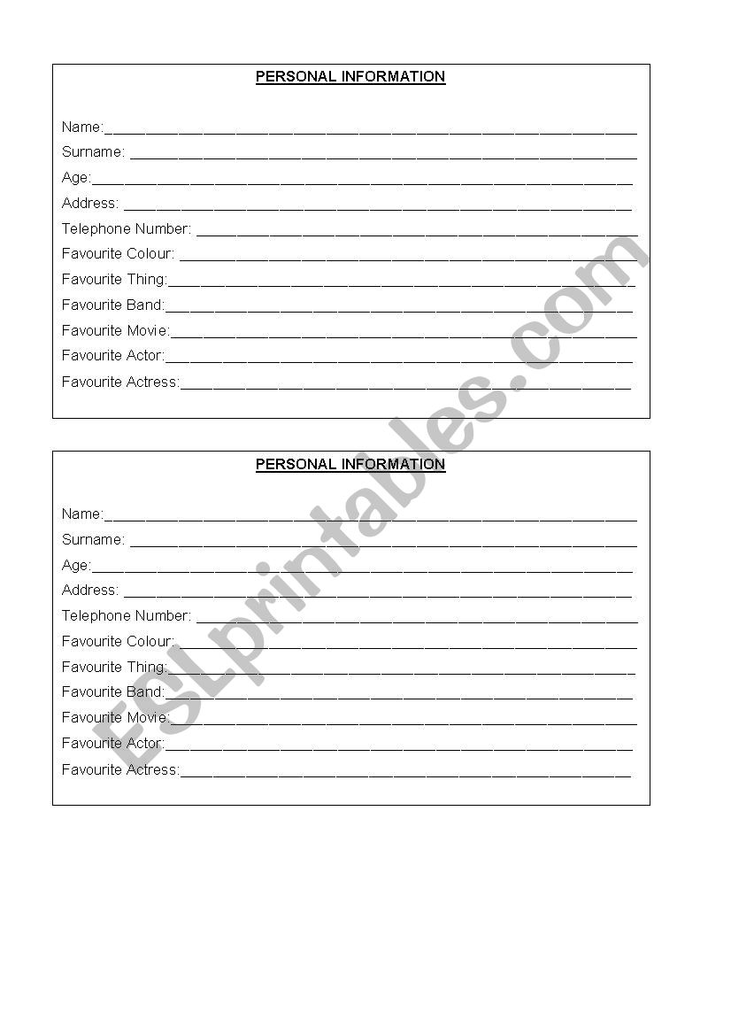 Personal Information worksheet