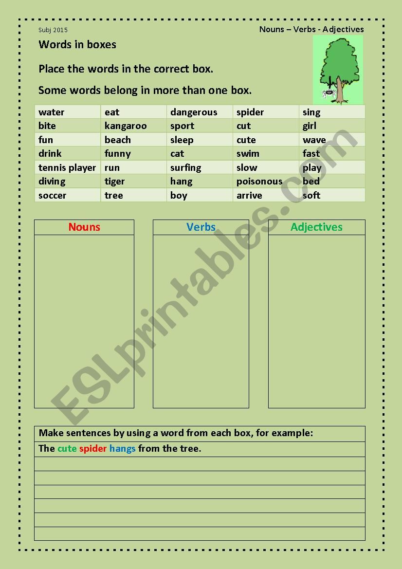 Words in boxes. Nouns â€“ verbs â€“ adjectives . 