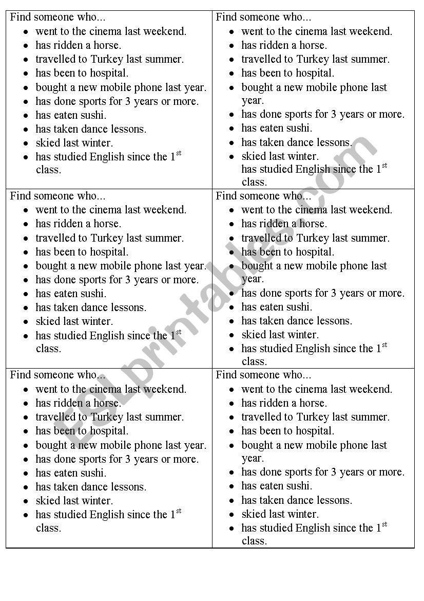 Past Simple vs Present Perfect -mingling game