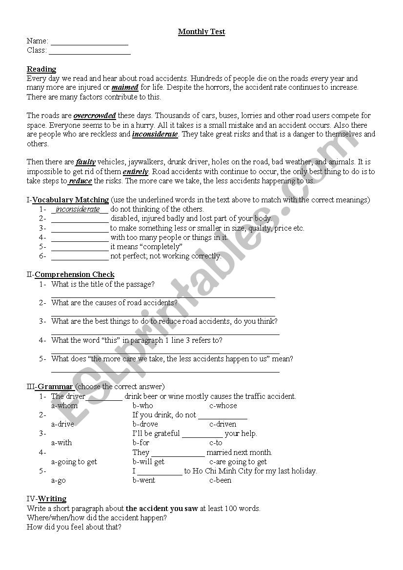 Traffic Accidents worksheet