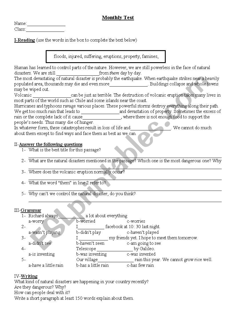 Natural Disaster worksheet