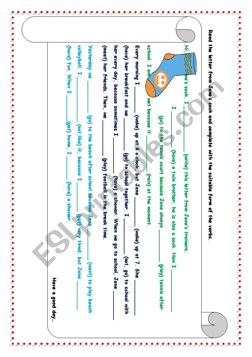 Janes sock-Grammar Revision worksheet