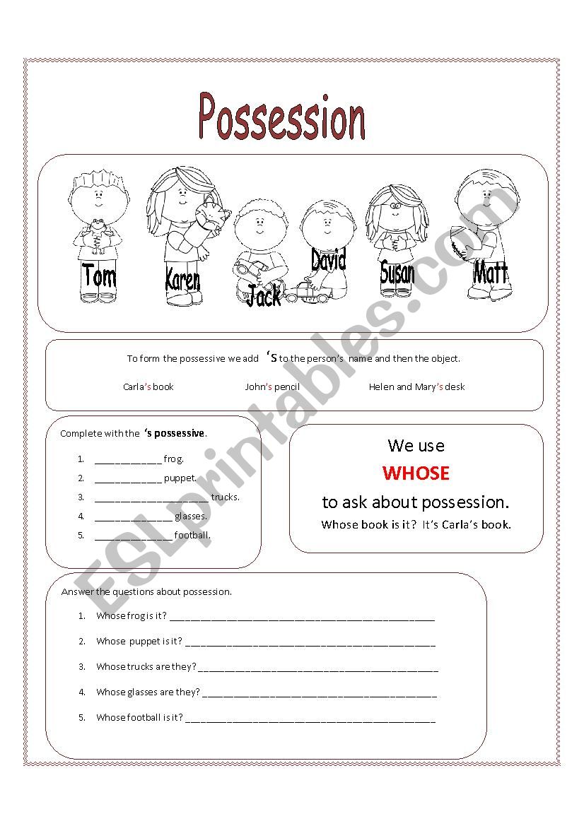 Possession ESL Worksheet By Melissab