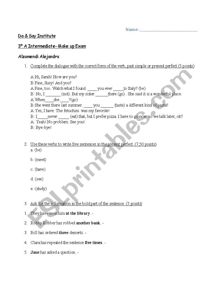 test worksheet