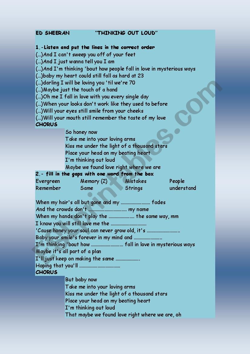 ed sheerans song worksheet