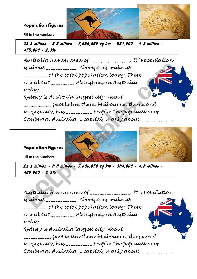 Population figures Australia worksheet