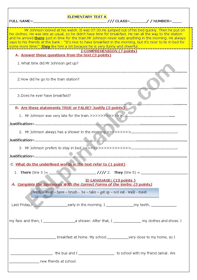 ELEMENTARY TEST A worksheet