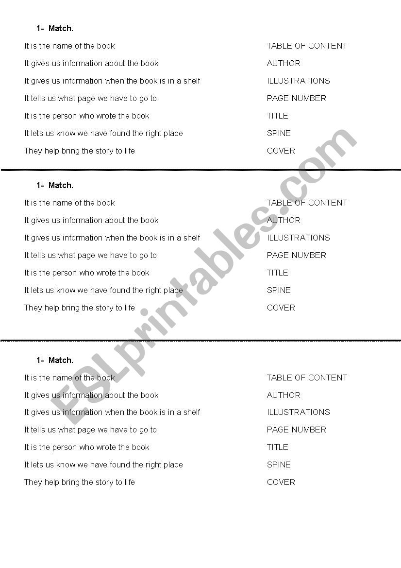 Parts of a book worksheet