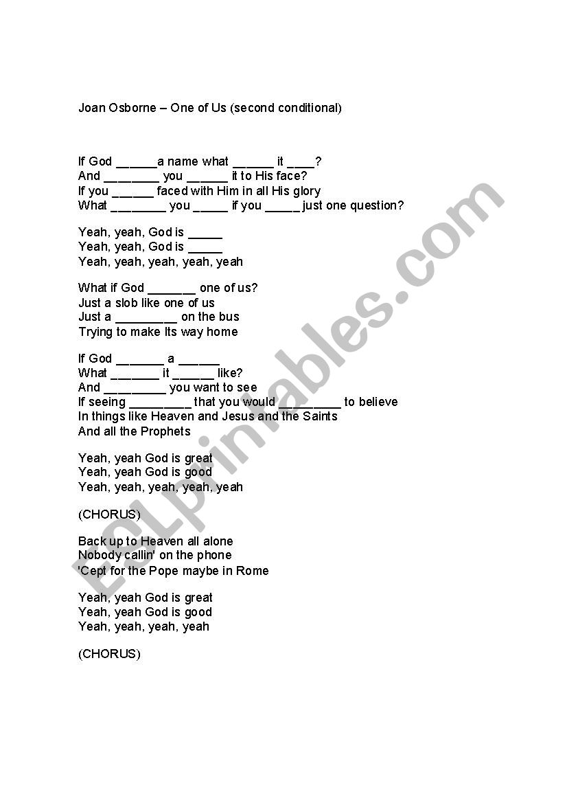 One of us by Joan Osborne worksheet