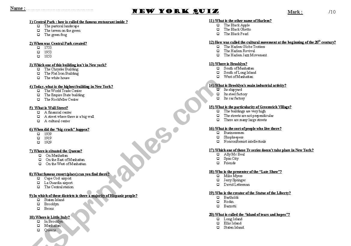 New York quiz worksheet