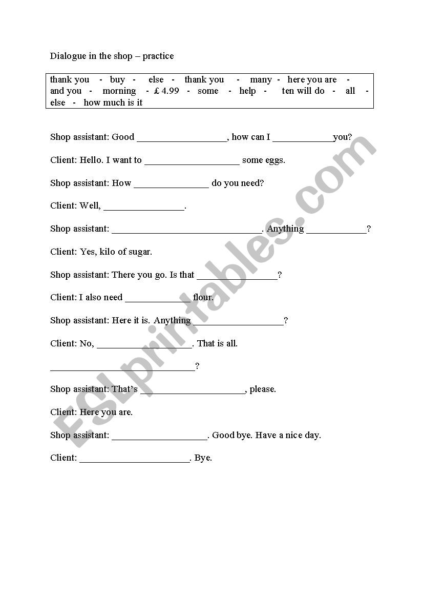Dialogue in the shop worksheet