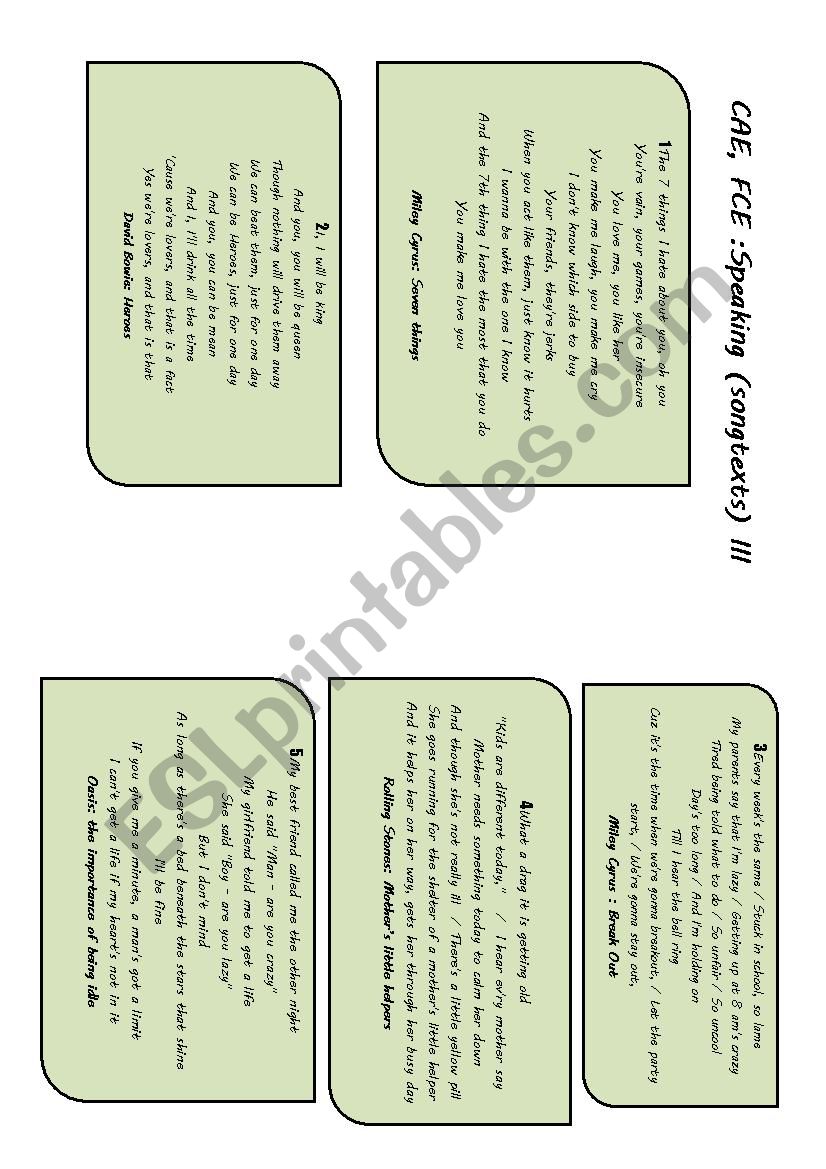 CAE and FCE SPEAKING Preparation (songtext based) III (Prompts or cheats included)