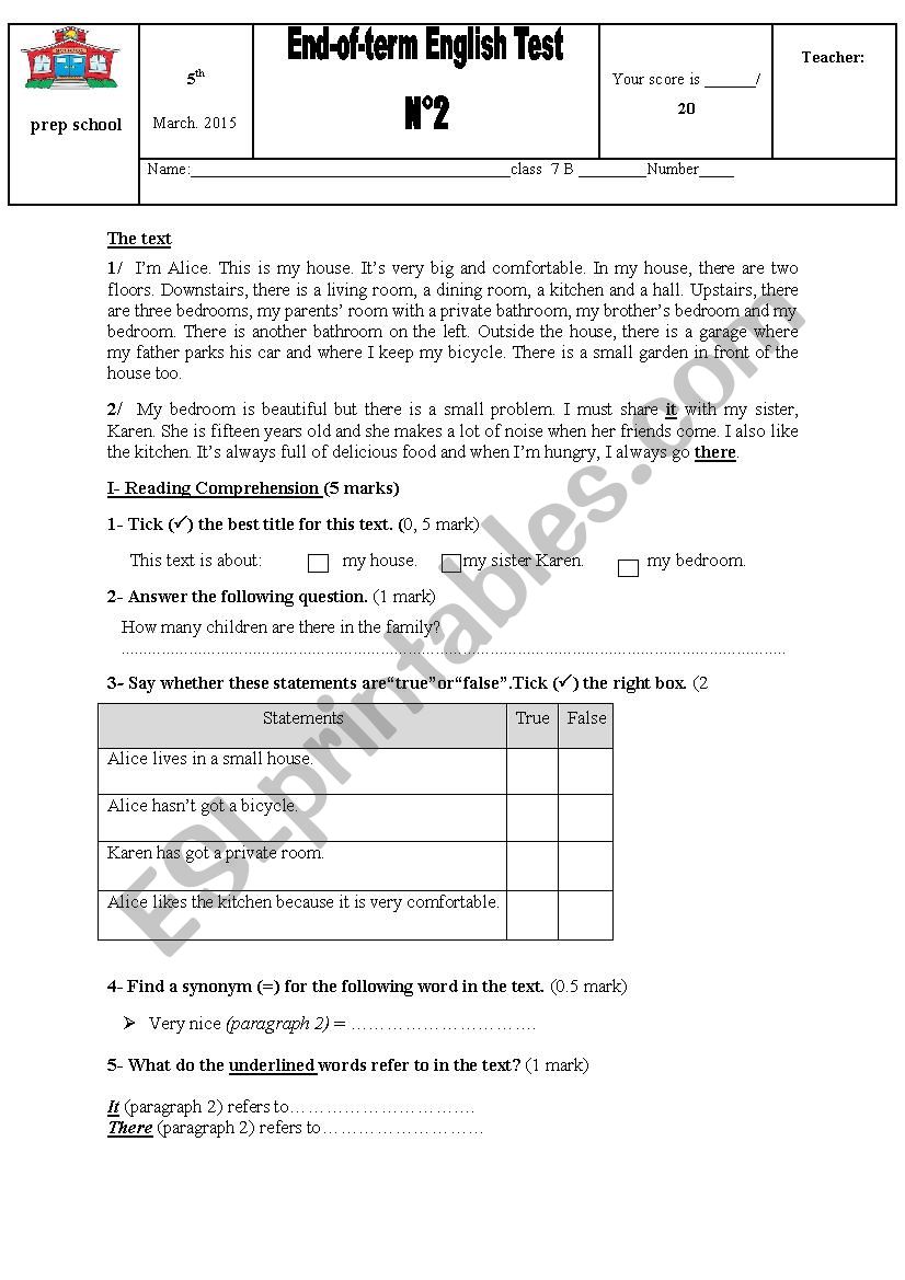 7th form 2nd term test worksheet