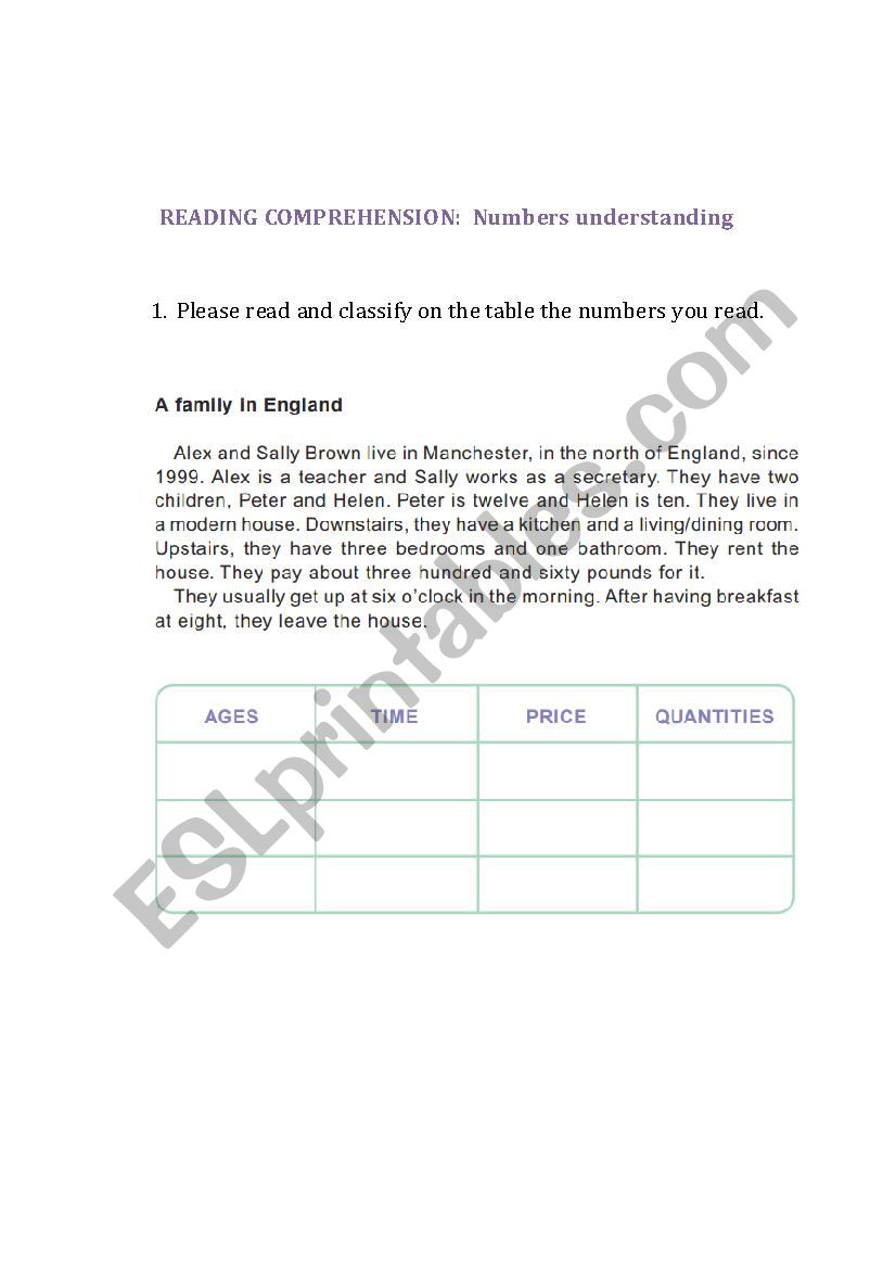 Reading Comprehension:  Numbers identification