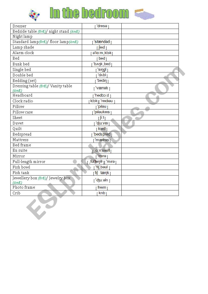 In the bedroom (word list) worksheet