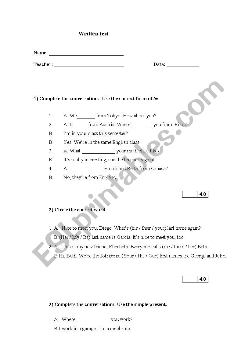 TEST SIMPLE PRESENT worksheet