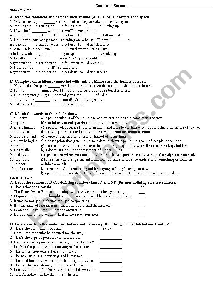 Module test on Psychology worksheet