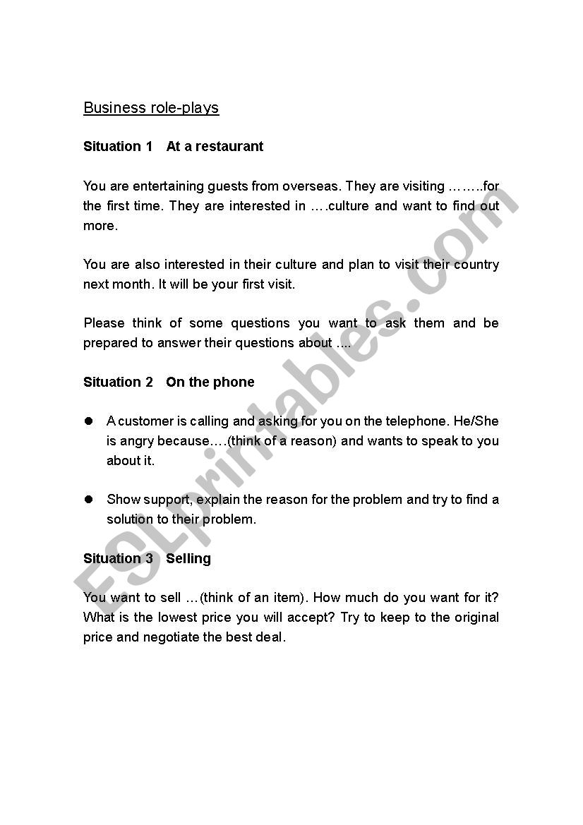 Business role-plays worksheet