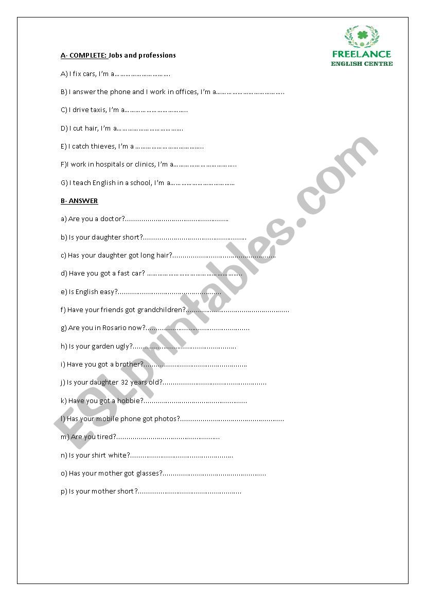 Verb to be and Have got worksheet