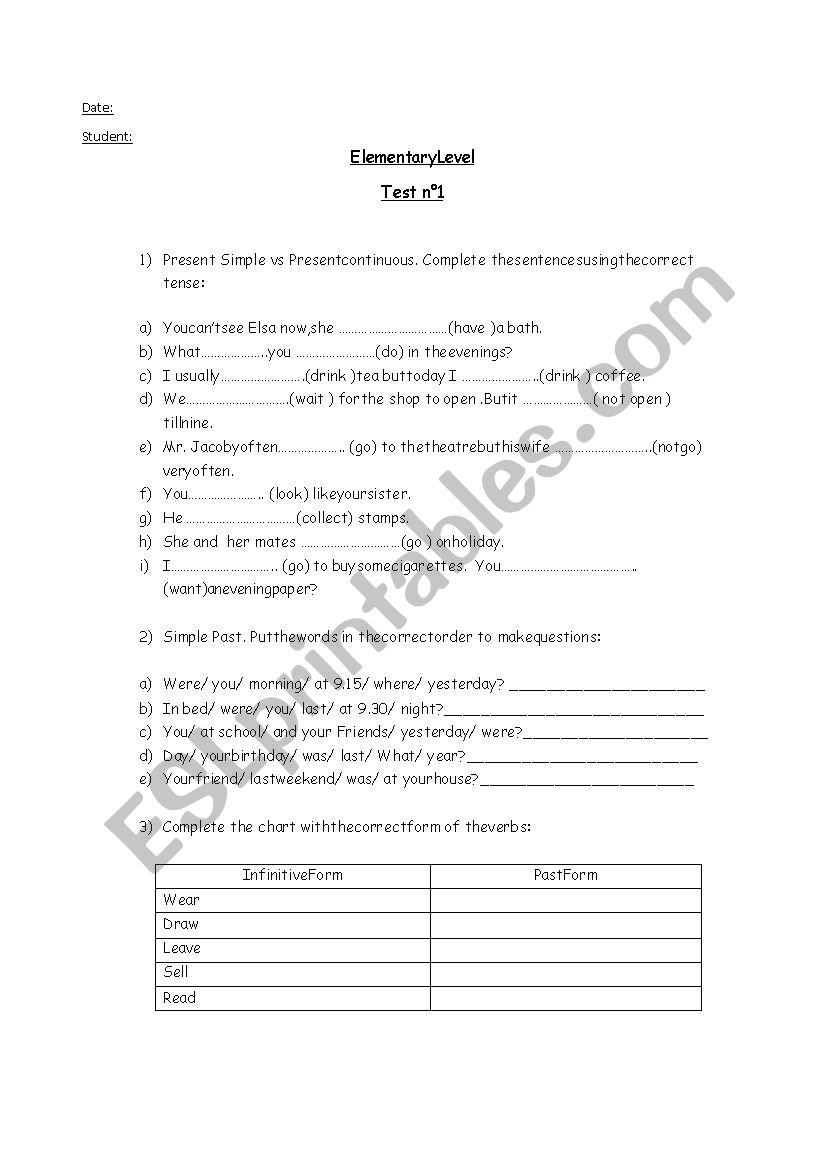 Elementary test worksheet